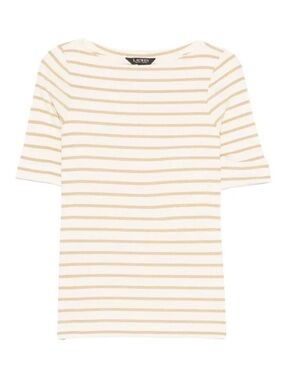Ralph Lauren Cream and MetallicStriped Short-Sleeve Top Medium Preppy